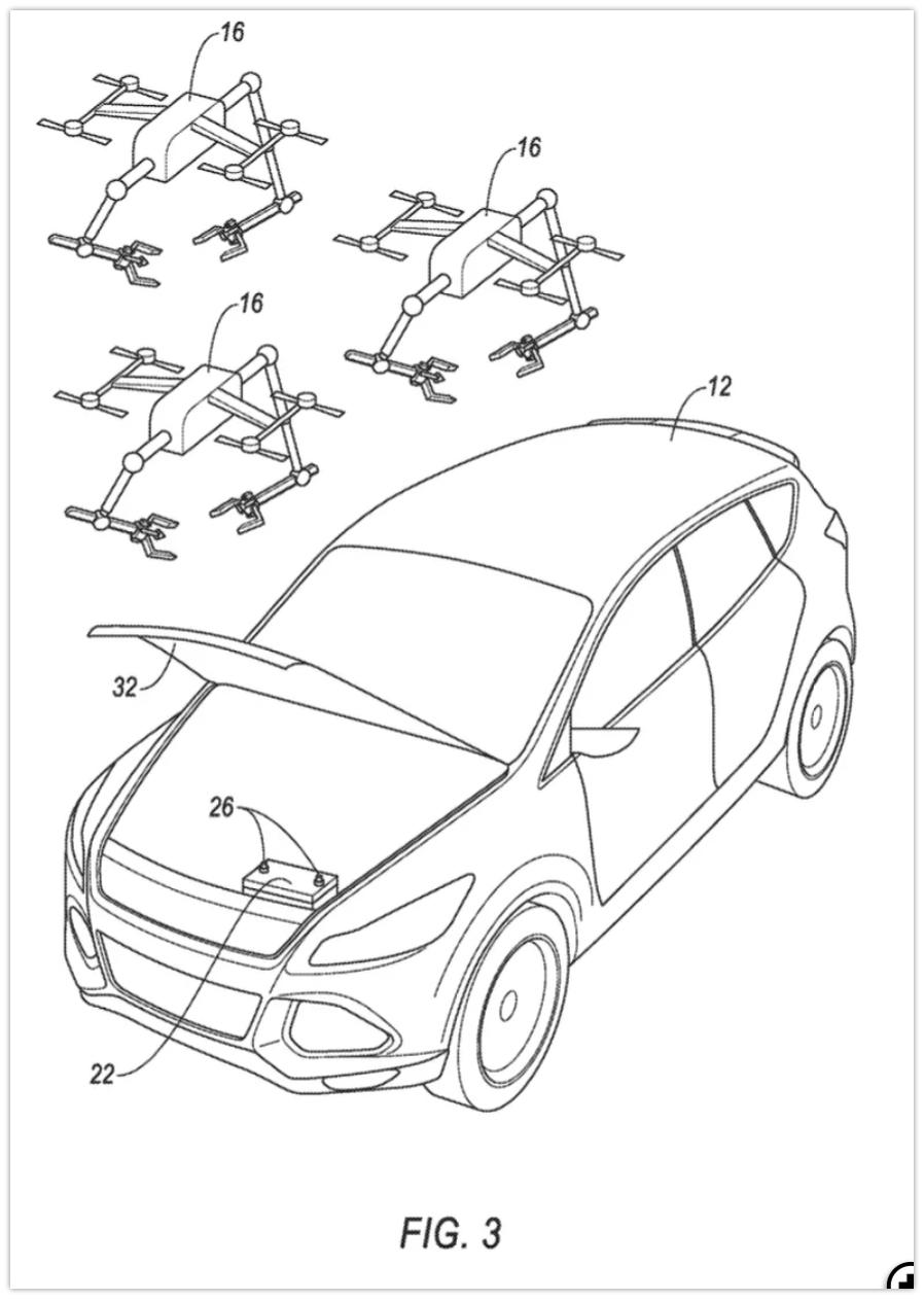 Tesla Model 2 Ford files patent for drones to jump start vehicles with dead batteries Multiple Drones Could Jump Start Ford Vehicles In The Future 2023-04-06 14-39-10